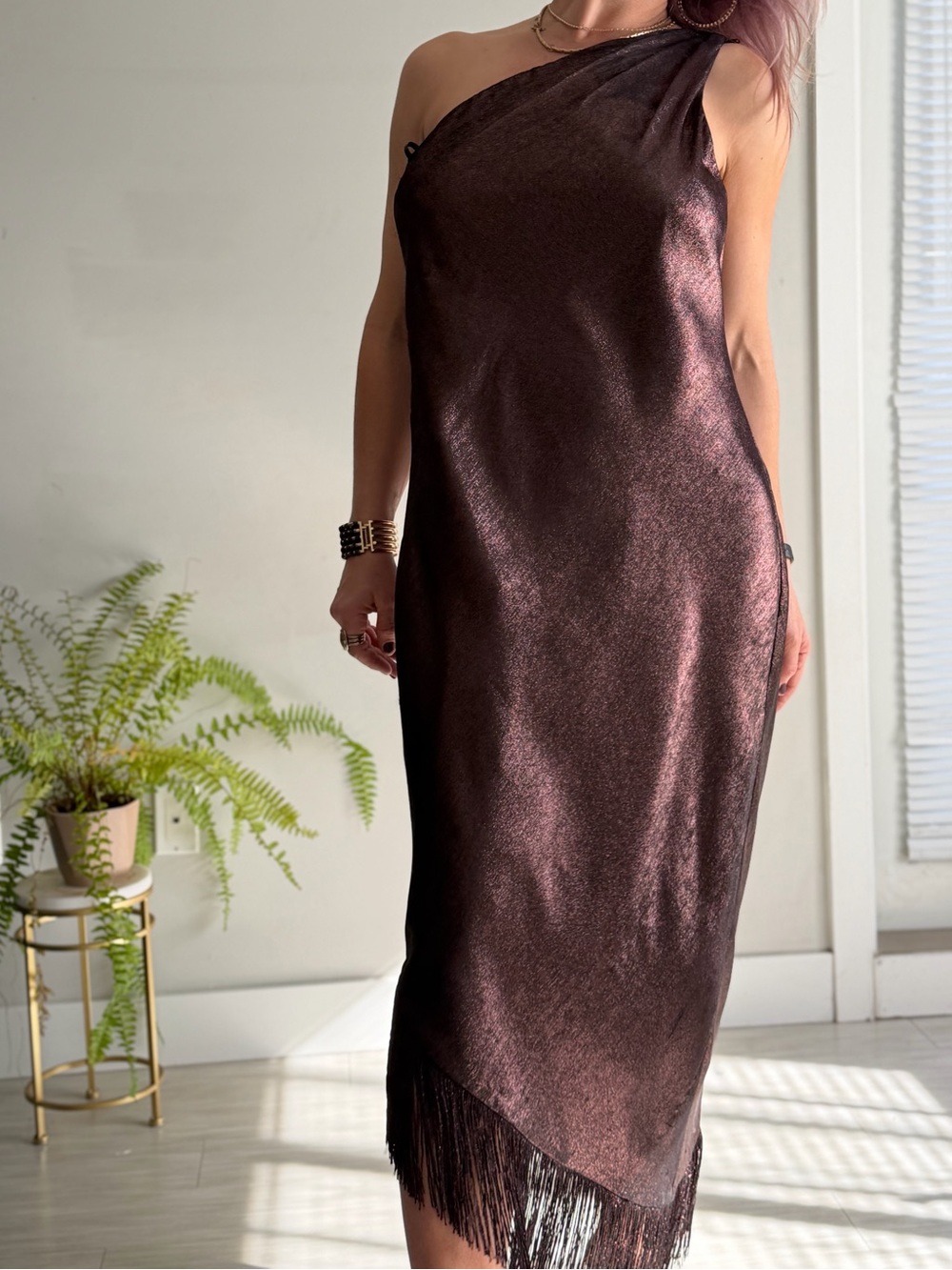 *NWT* Adrianna Papell Metallic One-Shoulder Fringe Dress in Plum — Size 18M